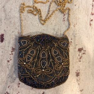 Vintage Gold and Black Beaded Clutch bag with Long Gold Strap